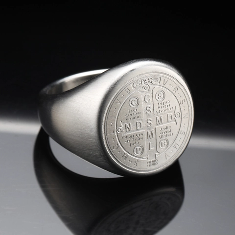 Saint Benedict Medal Signet Ring For Men Retro Stainless Steel Religious Cross Pattern Punk Hip Hop Jewelry Finger Ring