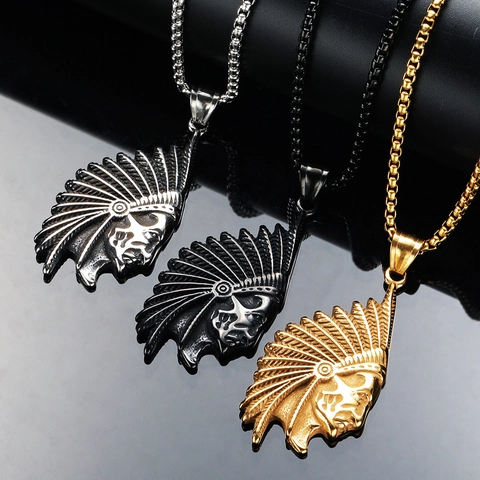 Retro Titanium Steel Indian Chief Head Pendant Necklace For Men Hip Hop Streetwear Stainless Steel Skull Jewelry Accessory