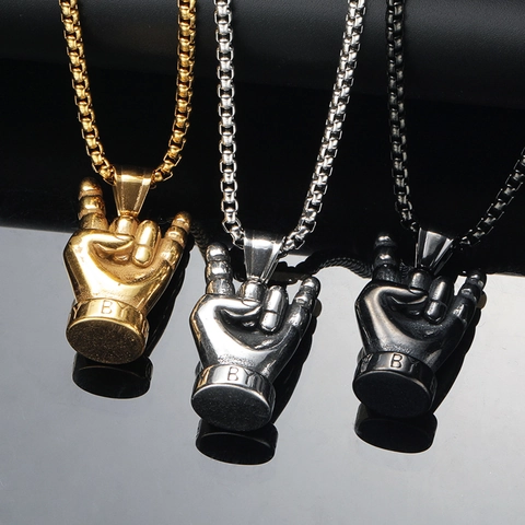 Titanium Steel Rock Gesture Pendant Necklace Retro Hip Hop I Love You Hand Charm Punk Jewelry For Men Women Unisex Gift