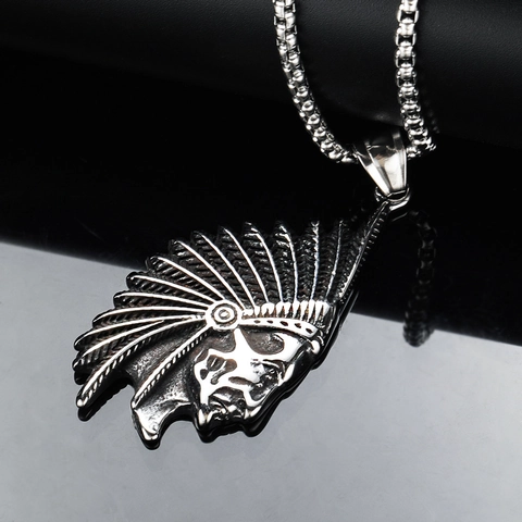Retro Titanium Steel Indian Chief Head Pendant Necklace For Men Hip Hop Streetwear Stainless Steel Skull Jewelry Accessory