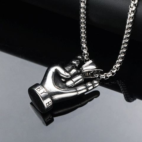 Titanium Steel Rock Gesture Pendant Necklace Retro Hip Hop I Love You Hand Charm Punk Jewelry For Men Women Unisex Gift