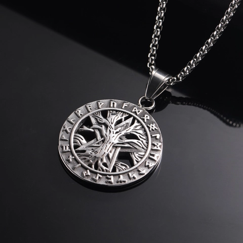Collana con Ciondolo Albero della Vita Vichingo Acciaio al Titanio Invecchiato Rune Nordiche Yggdrasil Medaglione Uomo Gioielli Punk