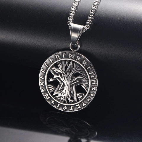 Collana con Ciondolo Albero della Vita Vichingo Acciaio al Titanio Invecchiato Rune Nordiche Yggdrasil Medaglione Uomo Gioielli Punk