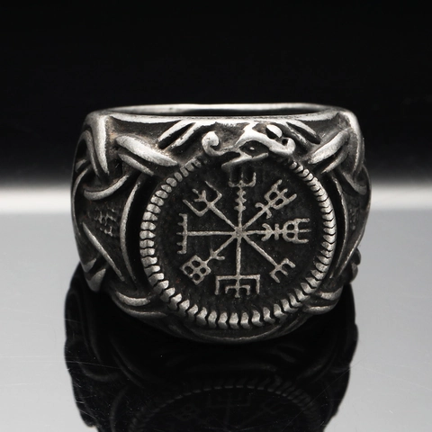 Vintage Viking Compass Ring For Men Stainless Steel Nordic Vegvisir Design Retro Punk Pirate Style Heavy Metal Jewelry