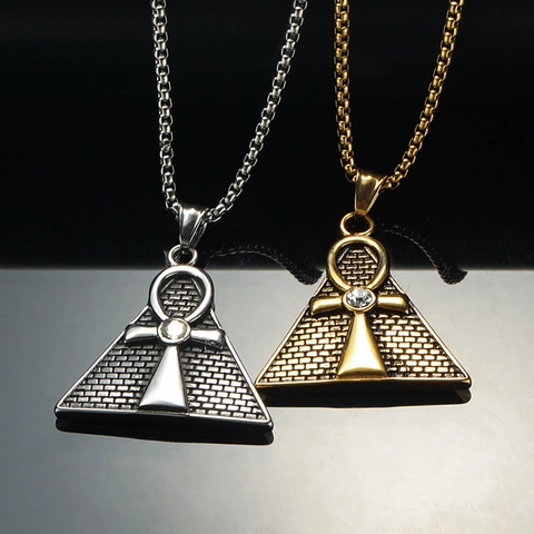 Collana con Pendente a Piramide Ankh Egiziana per Uomo in Acciaio al Titanio Hip Hop Punk Retro Intarsiato con Strass