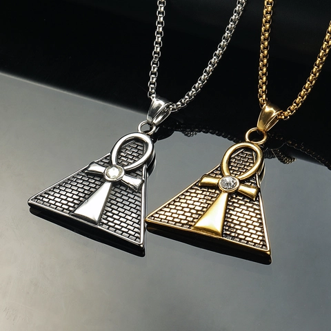 Collana con Pendente a Piramide Ankh Egiziana per Uomo in Acciaio al Titanio Hip Hop Punk Retro Intarsiato con Strass