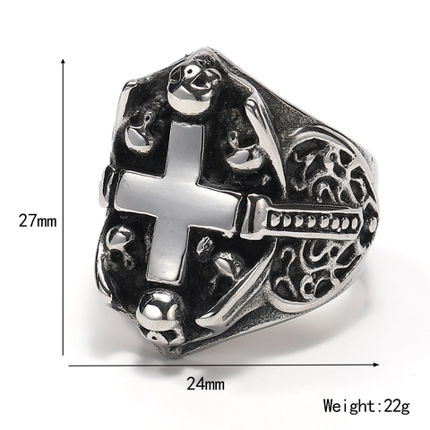 Anello da Uomo Gotico in Acciaio al Titanio con Croce e Teschio Stile Punk Vintage Anello a Fascia Galvanizzato per Uomo