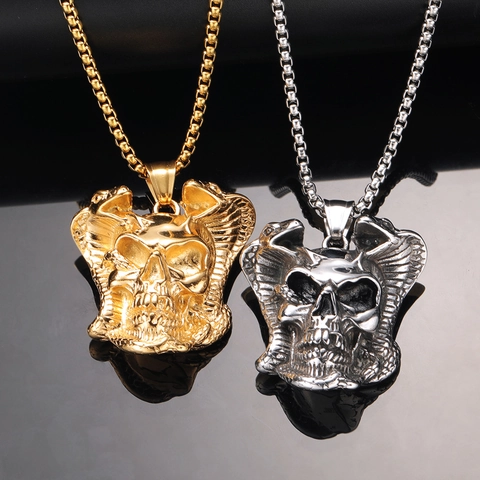 Collana Punk in Acciaio Inossidabile Con Teschio e Cobra Pendente Gothic Hip Hop per Uomo Gioielli Vintage Rock Streetwear
