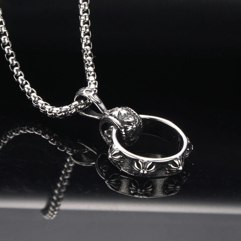Vintage Stainless Steel Cross Flower Round Ring Pendant Necklace Distressed Hip Hop Gothic Punk Unisex Jewelry Necklace