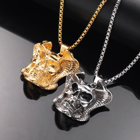 Collana Punk in Acciaio Inossidabile Con Teschio e Cobra Pendente Gothic Hip Hop per Uomo Gioielli Vintage Rock Streetwear