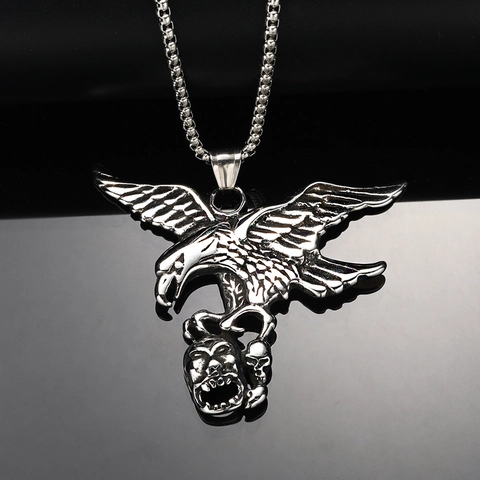 Punk Gothic Stainless Steel Eagle Skull Pendant Necklace For Men Retro Titanium Steel Biker Rock Jewelry Gift Steel Color
