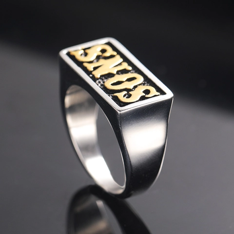 Bague Chevalière Sons Gothique pour Homme en Acier Inoxydable Style Punk Biker Lettre Bijoux Vintage Argent Or Bicolore