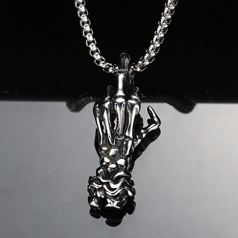 Collar de Colgante de Mano de Calavera con Dedo Medio de Acero Inoxidable Vintage Punk Joyería de Hueso de Calavera Retro