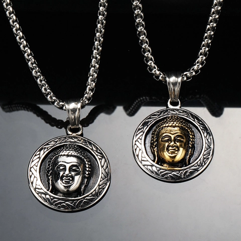 Ethnic Style Buddha Head Round Pendant Necklace For Men Retro Stainless Steel Embossed Religious Pendant Necklace Jewelry Gift