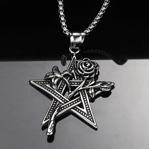 Collier avec Pendentif Pentagramme Rose en Acier Inoxydable Gothique pour Homme Femme Bijoux Style Punk Étoile Rétro Vintage