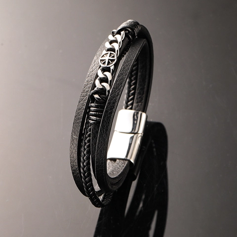Bracciale Multistrato in Pelle Intrecciata Uomo Vintage Punk Con Pendente a Bussola in Acciaio Inossidabile Chiusura Magnetica
