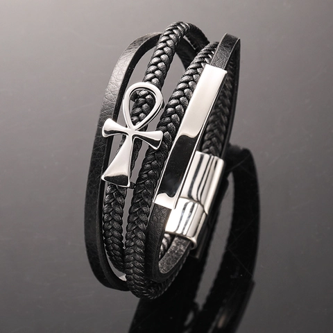 Bracciale Multistrato da Uomo in Pelle Acciaio Inossidabile Corda Intrecciata Croce Simbolo Ankh Pendente Punk Chiusura Magnetica