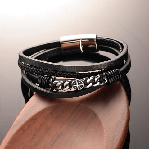 Bracciale Multistrato in Pelle Intrecciata Uomo Vintage Punk Con Pendente a Bussola in Acciaio Inossidabile Chiusura Magnetica