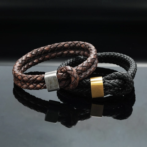 Bracciale da Uomo in Vera Pelle Intrecciata a Doppio Strato Con Chiusura Magnetica in Acciaio al Titanio Gioielli Geometrici