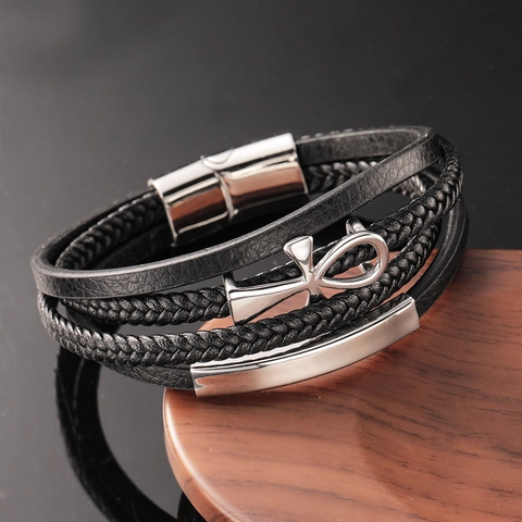 Bracciale Multistrato da Uomo in Pelle Acciaio Inossidabile Corda Intrecciata Croce Simbolo Ankh Pendente Punk Chiusura Magnetica