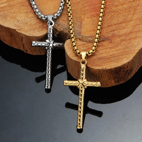 Collana con Ciondolo Croce a Scaglie di Drago in Acciaio Inossidabile da Uomo Placcato Oro Argento Gioielli Hip Hop Religiosi