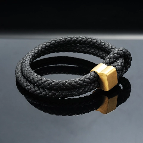 Bracciale da Uomo in Vera Pelle Intrecciata a Doppio Strato Con Chiusura Magnetica in Acciaio al Titanio Gioielli Geometrici