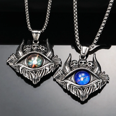 Vintage Gothic Punk Titanium Steel Necklace For Men Evil Eye Skull Compass Pendant Blue Starry Ball Mystery Jewelry