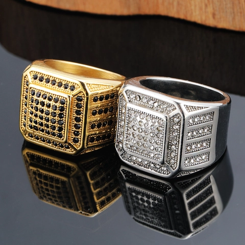 Anello Sigillo Uomo Hip Hop Acciaio al Titanio Lussuoso Strass Quadrato Placcato Oro Argento Gioielli Iced Out Regalo
