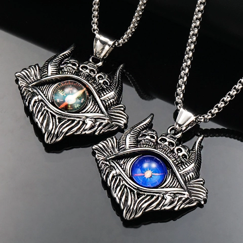 Vintage Gothic Punk Titanium Steel Necklace For Men Evil Eye Skull Compass Pendant Blue Starry Ball Mystery Jewelry