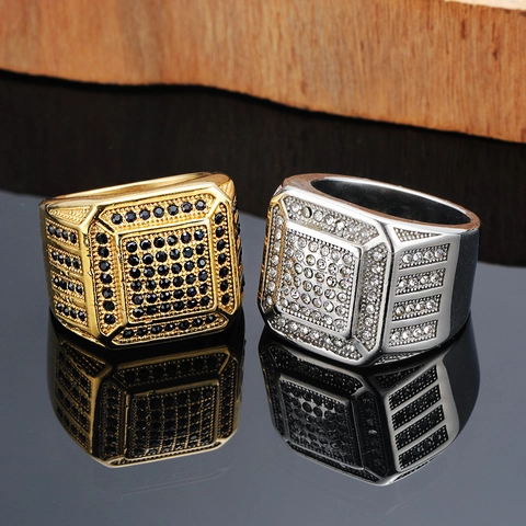 Anello Sigillo Uomo Hip Hop Acciaio al Titanio Lussuoso Strass Quadrato Placcato Oro Argento Gioielli Iced Out Regalo
