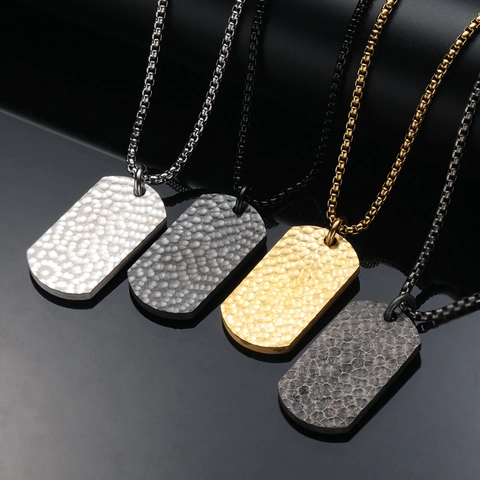 Men Hammered Dog Tag Pendant Necklace Titanium Steel Hip Hop Rectangular Military Style Jewelry With Box Chain Gift