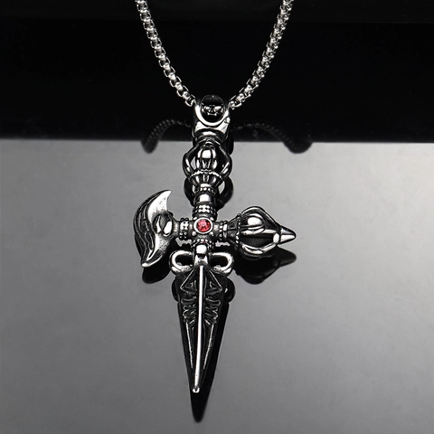 Vintage Punk Titanium Steel Pendant Necklace For Men Tibetan Phurba Cross Inlaid Red Rhinestone Gothic Religious Jewelry Gift