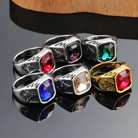 Vintage Men Stainless Steel Masonic Signet Ring With Large Rectangular Rhinestone Gemstone Hip Hop Punk Jewelry Ring