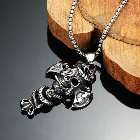 Collar de Colgante de Cruz de Serpiente de Calavera Punk Gótica para Hombre Joyería de Biker de Acero de Titanio