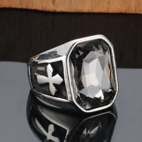 Herren Vintage Punk Kreuz Ring Titanstahl Großes Rechteckiges Eingelegtes Strass Gothic Hip Hop Stil Statement Party Fingerring Schmuck