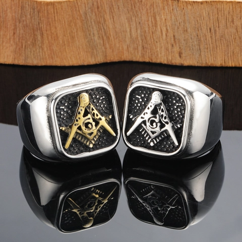 Herren Titanstahl Freimaurer Ring Punk Stil Quadratischer Siegelring Vintage Kompass Quadrat G Buchstabe Relief Biker Ring Für Männer
