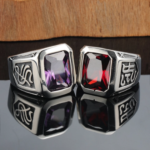 Men's Vintage Punk Stainless Steel Ring Rectangular Red Purple Zirconia Inlaid Brushed Band Ring Party Jewelry Accessory