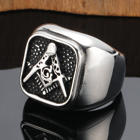 Herren Titanstahl Freimaurer Ring Punk Stil Quadratischer Siegelring Vintage Kompass Quadrat G Buchstabe Relief Biker Ring Für Männer