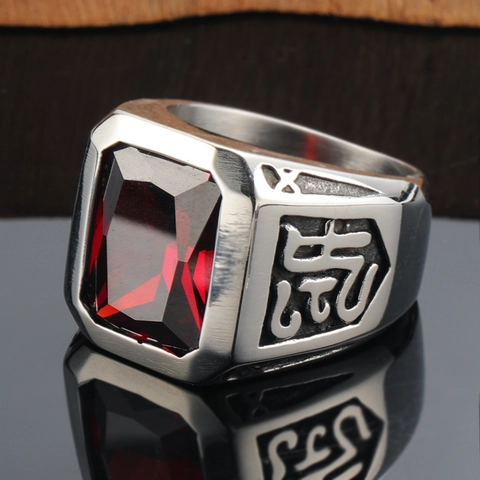 Men's Vintage Punk Stainless Steel Ring Rectangular Red Purple Zirconia Inlaid Brushed Band Ring Party Jewelry Accessory