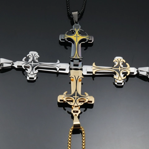 Herren Edelstahl Dreilagig Kreuz Anhänger Halskette Gothik Punk Religiöser Schmuck Mit Quadratische Künstliche Perlenkette Für Männer