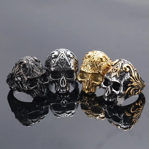 Vintage Men Titanium Steel Skull Ring Masonic Symbol Retro Punk Hip Hop Stainless Steel Ring Gothic Scrollwork Finger Ring