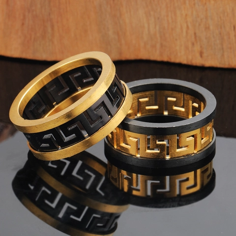 Men's Titanium Steel Greek Key Ring Retro Great Wall Pattern Hollow Brushed Metal Band Ring Black Gold Two-Tone Domineering Jewelry