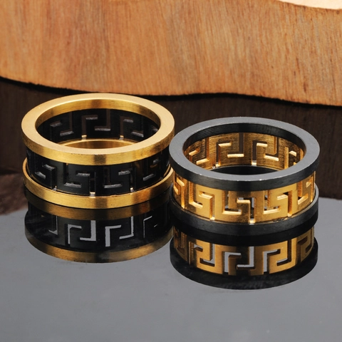 Men's Titanium Steel Greek Key Ring Retro Great Wall Pattern Hollow Brushed Metal Band Ring Black Gold Two-Tone Domineering Jewelry