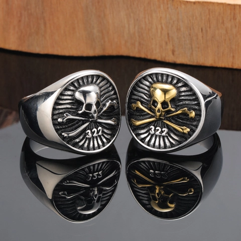 Men's Punk Titanium Steel Skull Crossbones Signet Ring Vintage Hip Hop 322 Engraved Heavy Band Ring Gothic Biker Biker Jewelry