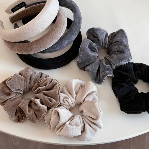 Vintage Velvet Oversized Scrunchie And Padded Sponge Headband Gold Edging Solid Color French Style Hair Accessories Women