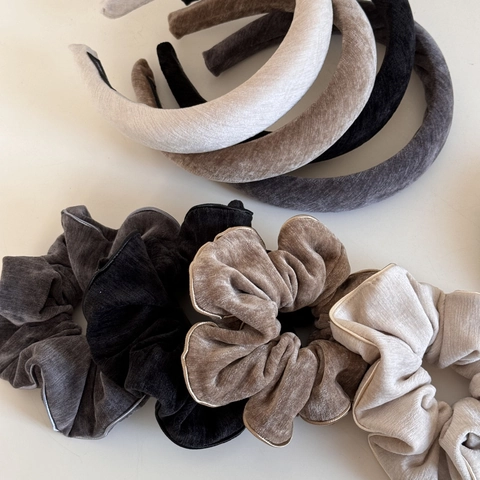Vintage Velvet Oversized Scrunchie And Padded Sponge Headband Gold Edging Solid Color French Style Hair Accessories Women