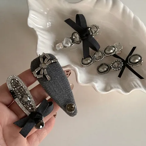 Stile Coreano Grigio Fiocco Fermaglio Per Capelli Elegante Strass Perla Artificial Sintetica Clip A Becco D'Anatra Donna Gioielli Per Capelli