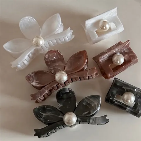 Pinza per Capelli Retrò a Fiori con Perla Artificial Sintetica Grande Clip Rettangolare in Acetato Elegante Accessorio per Capelli Donna