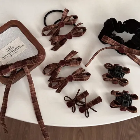Barrette à Cheveux Vintage à Carreaux Marron avec Nœud et Bouton Style Rétro Maillard Accessoires de Coiffure pour Femmes