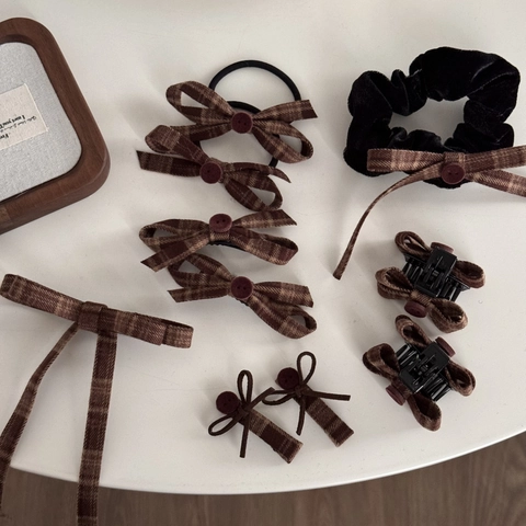 Barrette à Cheveux Vintage à Carreaux Marron avec Nœud et Bouton Style Rétro Maillard Accessoires de Coiffure pour Femmes